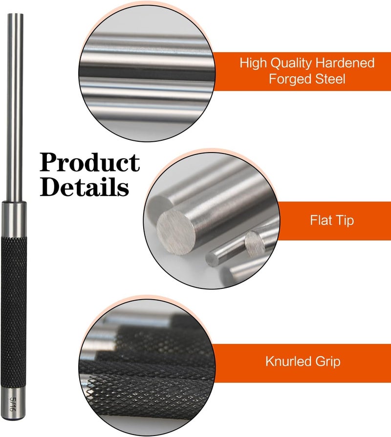 DkOvn 8in Long Carbon Steel Pin Punch Set, 5pcs Pin Punch Sizes 1/8", 3/16", 1/4", 5/16" and 3/8", Removing Repair Tools with Storage Pouch - Image 3